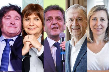 Los cinco candidatos que estarán en las elecciones del 22 de octubre: Javier Milei, Patricia Bullrich, Sergio Massa, Juan Schiaretti, Myriam Bregman