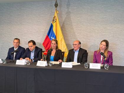 Los cinco dirigentes venezolanos que estuvieron refugiados en la embajada argentina en Caracas dan una conferencia de prensa en un hotel de Washington