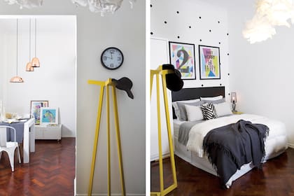 “Los círculos detrás de la cama son cortes de vinilo. Hice una cuadrícula y los pegué uno por uno, respetando la continuidad en el final de la pared”.
