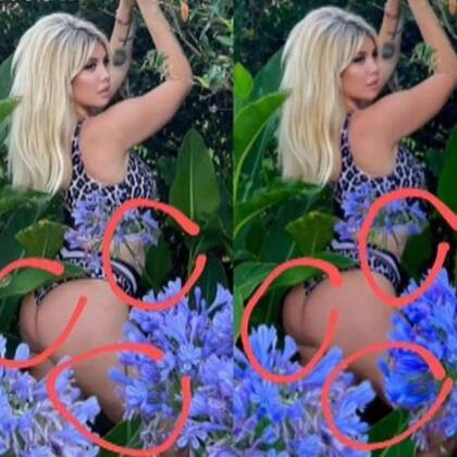 Los círculos rojos marcan las diferencias más notables entre una foto (natural) y la otra (retocada) de Wanda Nara