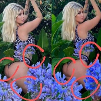 Los círculos rojos marcan las diferencias más notables entre una foto (natural) y la otra (retocada) de Wanda Nara