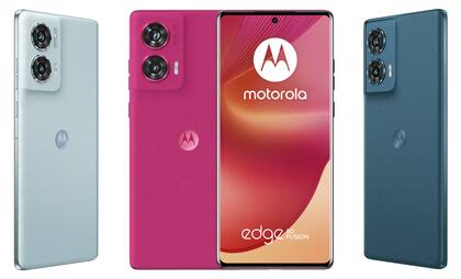 Los colores del Motorola Edge 50 Fusion: cuero vegano en azul claro u oscuro, y gamuza vegana en rojo