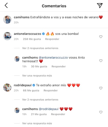 Los comentarios de Anto Roccuzzo y Rodrigo De Paul en la publicación de Camila Homs