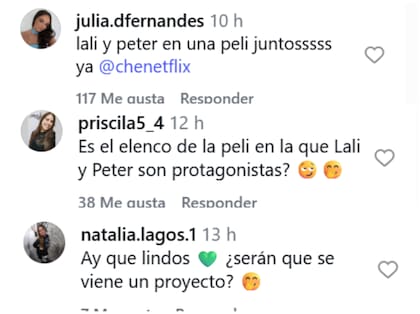 Los comentarios de los usuarios sobre un anhelo de ver Lali Espósito y a Peter Lanzani juntos en una ficción