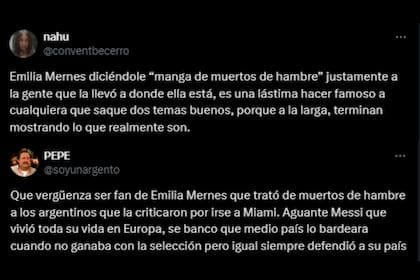 Los comentarios que dejaron los usuarios de X sobre Emilia Mernes (Foto: Captura de X)