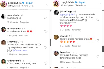 Los comentarios que recibió Juli Poggio tras cometer un error ortográfico al escribir (Foto: Captura Instagram @poggiojulieta)