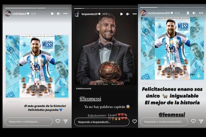Los compañeros de Messi del seleccionado nacional celebraron la premiación (Captura Instagram @rodridepaul /@leoparedes20 / @nicolasotamendi30)