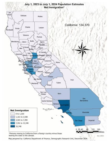 Los condados con mayor ganancia poblacional neta de inmigrantes en Los Angeles (mapa del Departamento de Finanzas de Los Angeles)