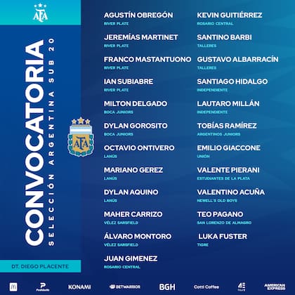 Los convocados de la selección argentina Sub 20 para el amistoso de este sábado ante la mayor