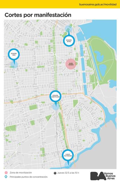 Los cortes por manifestación previstos para este jueves por el Gobierno de la Ciudad