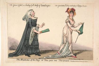 Los creadores de sátiras del siglo XIX destacaron los peligros de los vestidos de muselina, como el riesgo de aparecer desnudos bajo la intensa luz del sol, el viento o la lluvia