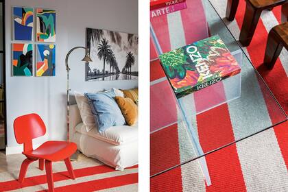 Color y textura. En los cuatro cuadros de Carlota Ronchietto (Otto Galería) o la sillita Eames en un rojo al tono con la alfombra a rayas. En blanco y negro, foto de José Pereyra Lucena.