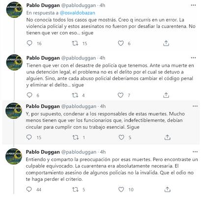 Los cuatro tuits con los que Duggan le respondió a Bazán