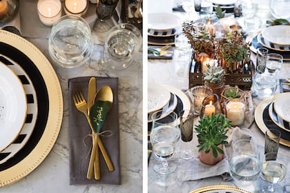 Los cubiertos de colores que están tan de moda ganan calidez con el detalle de la hoja pintada con el nombre de cada comensal. Más naturaleza con el arreglo de suculentas.