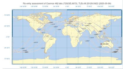 Los diagramas publicados por la ESA antes del reingreso revelaron que el accidente podría haber ocurrido en cualquier parte del mundo, desde Londres hasta la frontera sudamericana entre Argentina y Chile (Foto: Gentileza ESA)