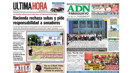 Los diarios paraguayos, Última Hora y ADN, llevaron el tema del ARA San Juan en sus tapas
