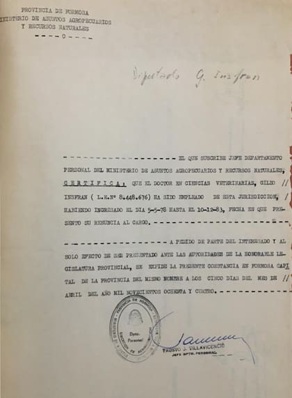 Los documentos que probaría que Gildo Insfrán renunció el 10 de diciembre de 1983