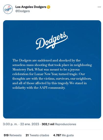Los Dodgers lamentaron la masacre en Monterey Park