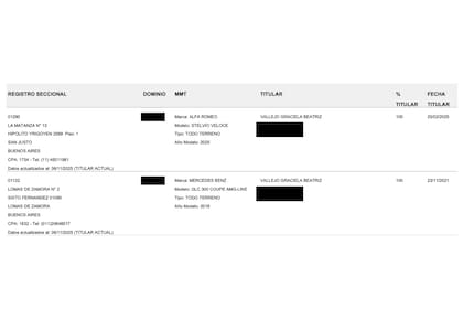 Los dos autos que figuran actualmente a nombre de Graciela Vallejo. Antes aparecían otros 4 vehículos de lujo.