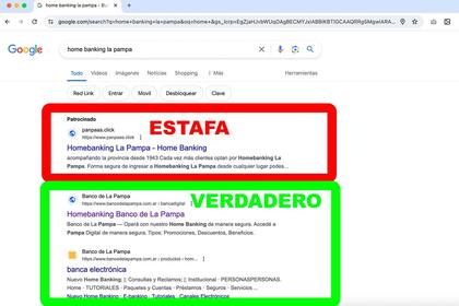 Los dos resultados que aparecían al buscar el acceso al sitio del Banco de La Pampa en Google