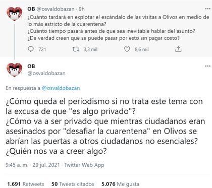 Los dos tuits con los que Osvaldo Bazán cuestionaba el caso de los ingresos a la Quinta de Olivos en plena fase 1