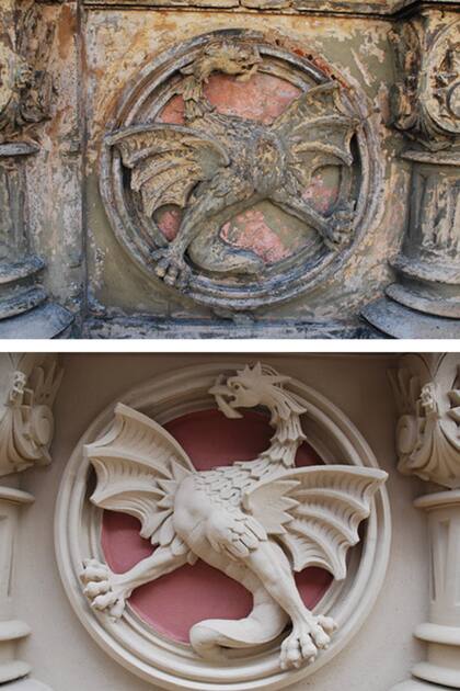 Los dragones antes y después de la restauración.