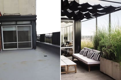 Los dueños de casa diseñaron unas estructuras de hierro con toldos romanos rebatibles en la expansión del estar y del comedor diario, para paliar el sol del verano y taparse de las miradas de pisos más altos.