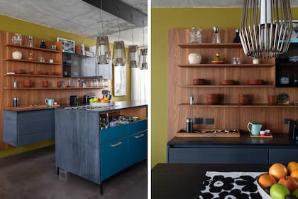 Los dueños del estudio de diseño La Feliz hicieron su cocina junto a Arenal Estudio. La isla central y el resto de los muebles de cocina son de Dwell. Lámpara ‘Iron’ de cuatro piezas (La Feliz). Un particular verde es fondo del revestimiento de nogal que sostiene muebles y estantes.