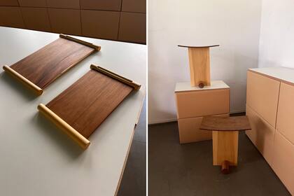 Los elementos de madera y muebles siguen líneas puras. Las bandejas son tamaño A5 y el banco, de madera maciza: guatambú, incienso y lapacho. Ambos realizadas en conjunto con Taller posible especialmente para la cápsula La Cûpula/Amigos del bellas artes