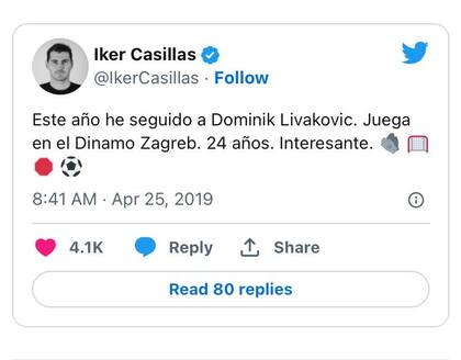 Los elogios de Iker Casillas a Dominik Livakovic en 2019