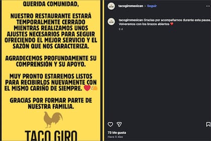 Los empresarios mexicanos anunciaron en la cuenta en redes sociales de Taco Giro que cerrarían sus restaurantes