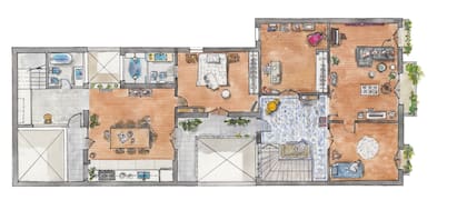 Los espacios de aire y luz (marcados con una X) ahora están incorporados al diseño de los espacios, lo mismo que el recibidor y el pasillo que conduce a la cocina.