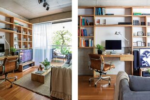 La biblioteca es el eje que recorre el departamento y define la transición entre la entrada, la cocina, el escritorio y el living.