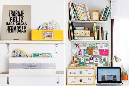 En el escritorio, cajonera reciclada con hojas de libros y tiradores (Anthropologie)