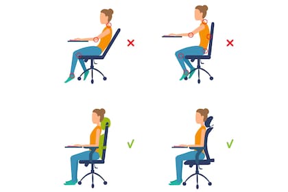Los expertos recomiendan una postura frente a la computadora que enderece la espalda, relaje los hombros, lleve los codos a un ángulo de 90 grados y permita apoyar bien los pies en el piso