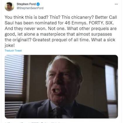 Los fanáticos de Better Call Saul expresaron su desazón porque la serie lleva 46 nominaciones al Emmy y no ganó ninguno