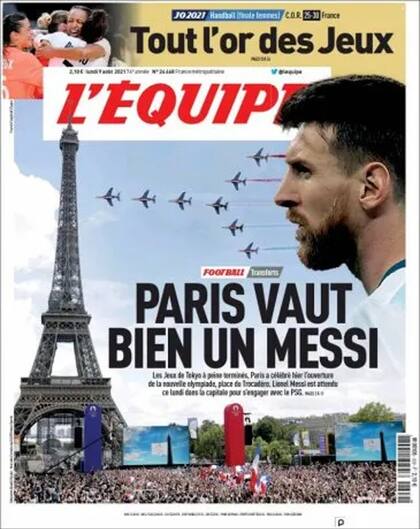 Los festejos de la Ciudad Luz por los futuros Juegos Olímpicos combinados por el diario con la expectativa por la inminente llegada de Leo a París para incorporarse a PSG.