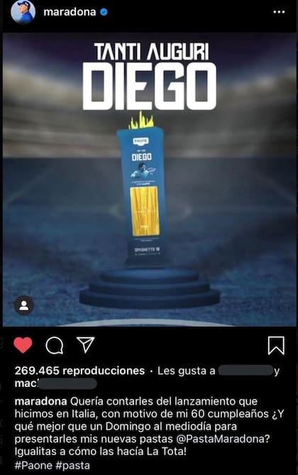 Los fideos "Tanti auguri, Diego" se siguen vendiendo en Italia; sin embargo, los hijos de Maradona decidieron borrar el posteo que los promocionaba en la cuenta del astro