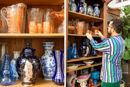 Los floreros, vasos, jarras y vajilla son parte de la colección de Antera. El mueble viene del Mercado de Pulgas.