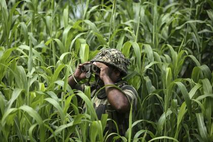 Un soldado de la Fuerza de Seguridad Fronteriza de la India (BSF) vigila cerca de la frontera entre India y Pakistán en Garkhal en Akhnoor, a unos 35 kilómetros al oeste de Jammu, India