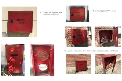 Los gabinetes contra incendios, con evidentes faltantes, en el Centro Atómico Constituyentes