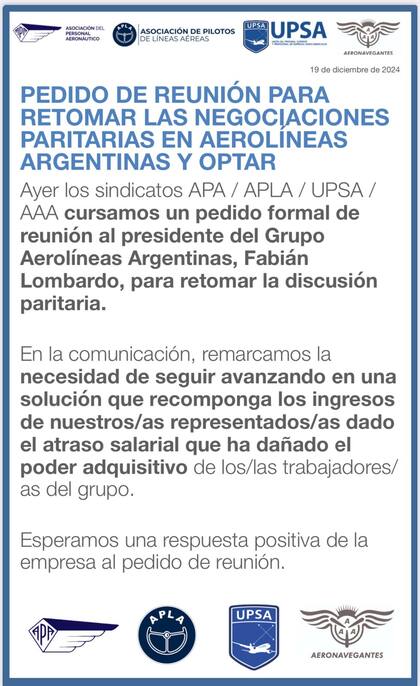 Los gremios aeronáuticos piden retomar la negociación salarial