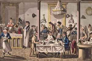 Los historiadores señalan que fue en París donde nació el primer restaurante, que luego se fueron haciendo más sofisticados, como se ve en este cuadro Déjeuner au Palais-Royal (Almuerzo en el Palacio Real), de 1822, de George Cruikshank