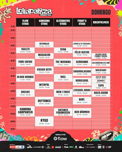 Los horarios y escenarios de todos los artistas del domingo