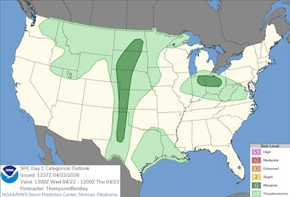 Los informes del SPC advierten sobre amenazas persistentes de granizo de gran tamaño, vientos destructivos y la posible formación de tornados desde Texas hasta Minnesota