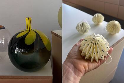 Los jarrones en vidrio son piezas originales de Alberto Churba. Los adornos volumétricos plegados a mano en papel, ideales para las Fiestas, son de Papeles Fabiano.