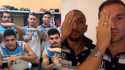 Los jugadores de Belgrano y Taleres, haciendo el gesto identificatorio del rival
