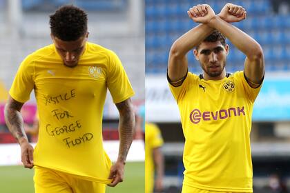 Los jugadores de Borussia Dortmun, Sancho y Hakimi y sus pedidos de justicia durante el partido del último fin de semana. Finalmente no serán sancionados.