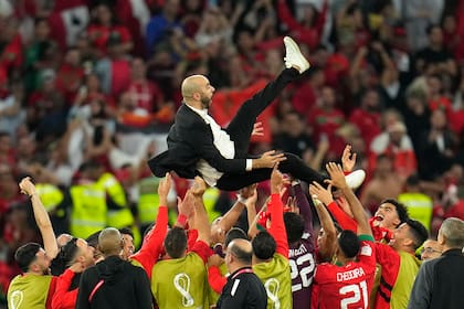 Los jugadores marroquíes tiran por el aire al técnico Walid Regragui después de clasificarse a cuartos de final tras ganarle a España en los tiros de penal