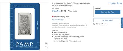 Los lingotes de platino que comercializa Costco tienen un precio de 1.089.99 dólares (Costco)